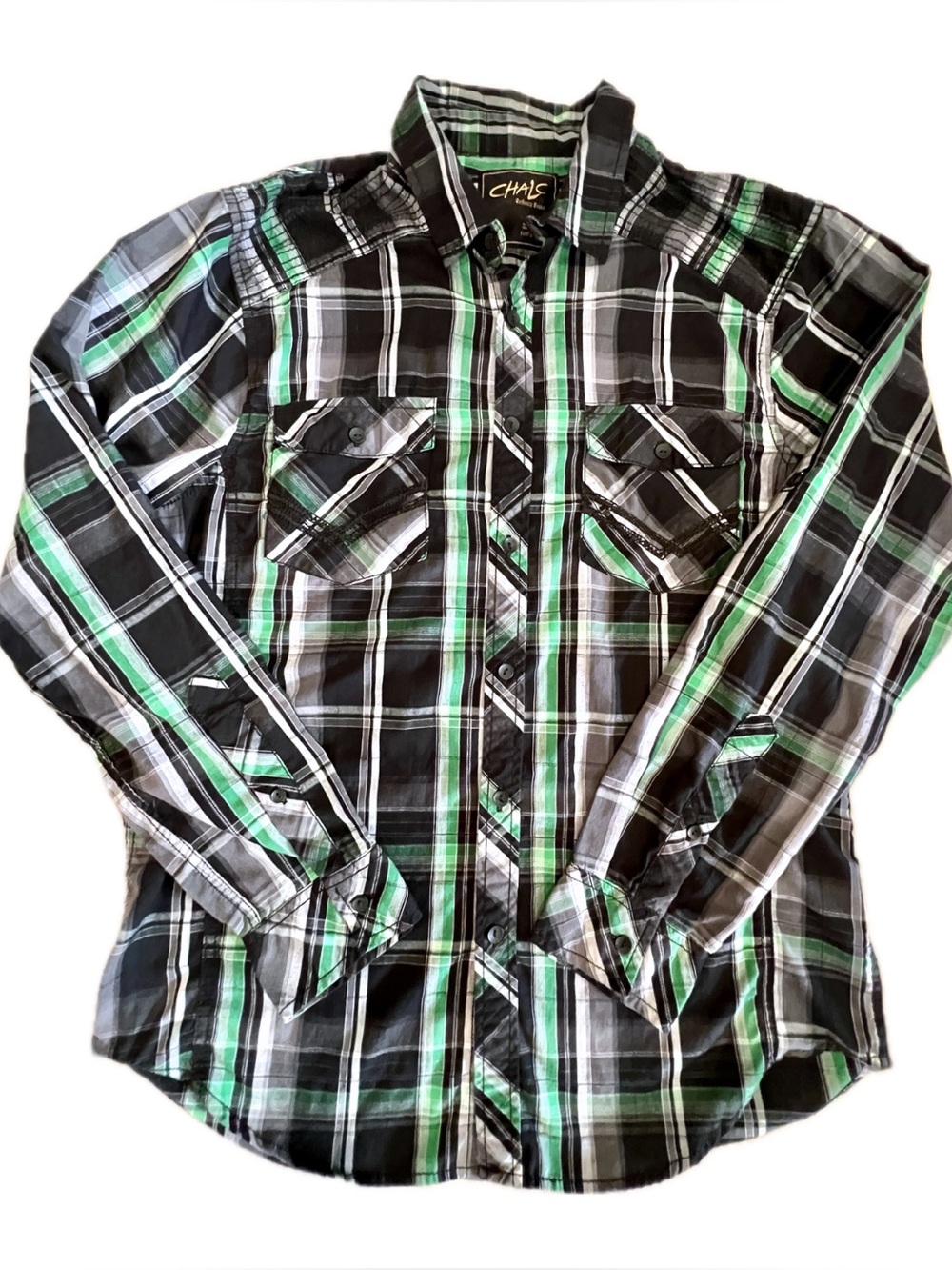 CHALC Men’s Black, Green & White Plaid Button-Down Shirt Vintage y2k era